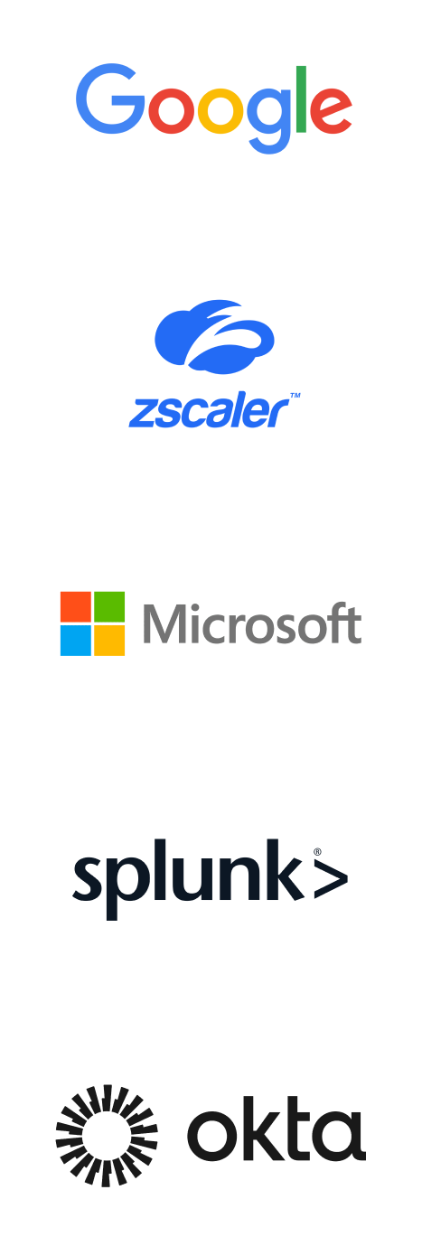 Logotipos da Microsoft, Splunk, Okta, Google e Zscaler